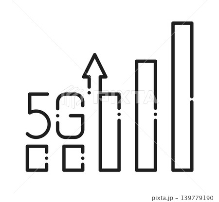 5G wireless signal strength and coverage broadband line icon or sign. Wireless network outline symbol, 5G transmission vector pictogram. Mobile connection, cellular network signal strength sign 139779190