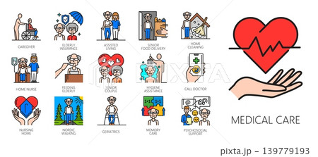 Elderly care service icons of medical care, home nurse, assisted living, psychosocial help, home nurse and call doctor. Vector line senior couple, geriatrics, caregiver and hygiene assistance icons 139779193
