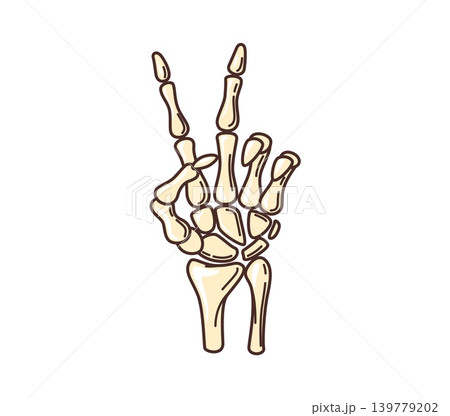 Halloween groovy skeleton hand victory sign sticker or symbol. Witchcraft creepy retro groovy label, horror scary sticker. Halloween season tag Halloween groovy skeleton hand victory sign sticker or symbol. Witchcraft creepy retro groovy label, horror scary sticker. Halloween season tag 139779202