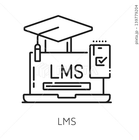 Education LMS innovation line icon. Learning management system technology line sign, LMS innovation vector symbol. Education course platform icon with laptop, smartphone and graduation cap Education LMS innovation line icon. Learning management system technology line sign, LMS innovation vector symbol. Education course platform icon with laptop, smartphone and graduation cap 139779204