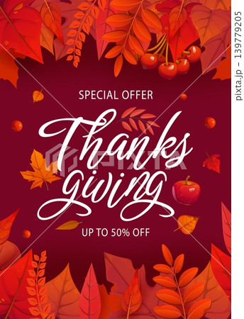 Happy Thanksgiving Day sale banner, special autumn season offer vector poster. Cartoon fall red leaves and fruits banner borders for Thanksgiving holiday sale, autumn harvest festival discount offer Happy Thanksgiving Day sale banner, special autumn season offer vector poster. Cartoon fall red leaves and fruits banner borders for Thanksgiving holiday sale, autumn harvest festival discount offer 139779205