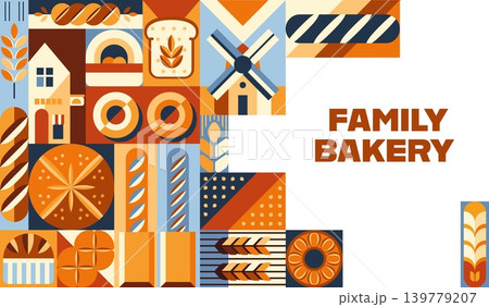 Bakery and pastry shop banner with modern geometric pattern of bread food. French baguette and donut, sandwich and toast bread, bagel and bun with wheat, vintage wind mill and bakery abstract shapes Bakery and pastry shop banner with modern geometric pattern of bread food. French baguette and donut, sandwich and toast bread, bagel and bun with wheat, vintage wind mill and bakery abstract shapes 139779207