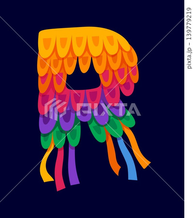 Mexican folk font type cartoon letter R. Mexico folk alphabet letter, Hispanic ethnic kids ABC isolated vector element. Latin American national type sign or font symbol with colorful pinata 139779219