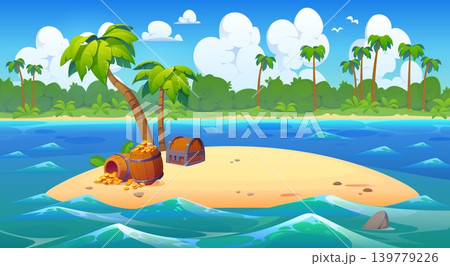 Pirate treasure chests of gold coins on cartoon tropical island at Caribbean sea or ocean waves. Island beach with palm trees and pirate treasure chest and gold in wooden barrels on sand Pirate treasure chests of gold coins on cartoon tropical island at Caribbean sea or ocean waves. Island beach with palm trees and pirate treasure chest and gold in wooden barrels on sand 139779226
