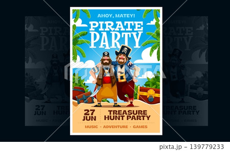 Pirate treasures hunt party flyer for kids entertainment game of Caribbean adventure. Pirate party flyer with corsair sailors or boatswain characters at sea island with treasure chest and rum barrel Pirate treasures hunt party flyer for kids entertainment game of Caribbean adventure. Pirate party flyer with corsair sailors or boatswain characters at sea island with treasure chest and rum barrel 139779233
