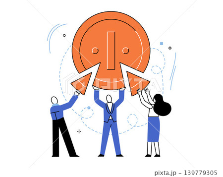 Business team assembling a large coin vector illustration. Profit sharing, financial growth, teamwork, investment, startup, success. Professionals connecting parts of a currency Business team assembling a large coin vector illustration. Profit sharing, financial growth, teamwork, investment, startup, success. Professionals connecting parts of a currency 139779305