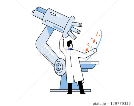 Scientist in a lab coat using a large microscope vector illustration. Medical research, biotechnology, laboratory testing, discovery, healthcare, pharma. Researcher operating lab equipment Scientist in a lab coat using a large microscope vector illustration. Medical research, biotechnology, laboratory testing, discovery, healthcare, pharma. Researcher operating lab equipment 139779339