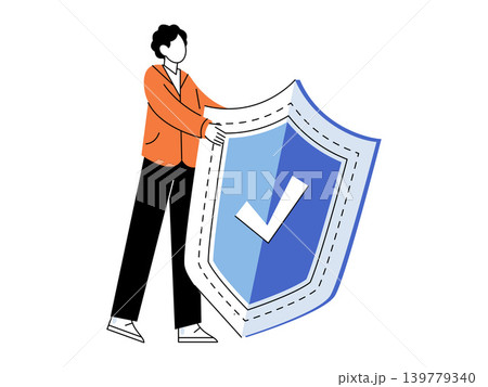 Person holding a large blue shield with a checkmark vector illustration. Cybersecurity, health insurance, data protection, safety, privacy, risk management. Individual carrying a protective guard 139779340