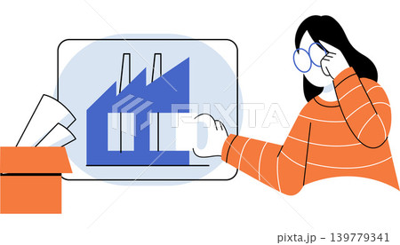 Woman looking at factory icon vector illustration. Industrial management, supply chain, manufacturing, logistics, strategy, production. Female professional observing industrial plant symbol 139779341