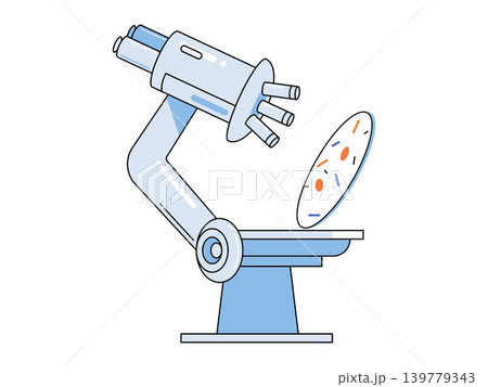 Microscope examining a biological sample vector illustration. Scientific research, medical diagnostics, microbiology, lab analysis, biotechnology, healthcare. Optical instrument inspecting a petri 139779343