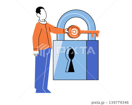 Man holding a large key next to a giant padlock vector illustration. Cyber security, data protection, access control, privacy, business solution, encryption. Person with a latchkey by a massive lock 139779346