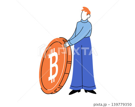 Man holding a large bitcoin coin vector illustration. Crypto investment, digital finance, blockchain, wealth management, fintech, online trading. Male character with giant btc token Man holding a large bitcoin coin vector illustration. Crypto investment, digital finance, blockchain, wealth management, fintech, online trading. Male character with giant btc token 139779350