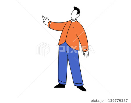 Man in orange jacket pointing up vector illustration. Business presentation, leadership vision, goal setting, career growth, direction guidance, corporate strategy. Male gesturing towards success 139779387