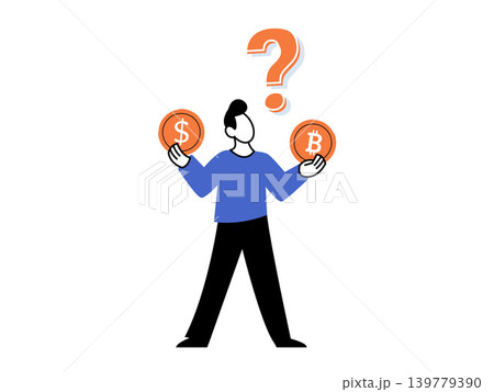 Man holding dollar and bitcoin coins vector illustration. Crypto trading, financial planning, investment strategy, digital assets, market analysis, economic choice. Person balancing fiat crypto 139779390