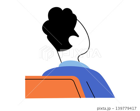 Back view of a man sitting in an orange chair vector illustration. Audience member, waiting room, office worker, student, passenger, transport. Male person from behind seated on a stool Back view of a man sitting in an orange chair vector illustration. Audience member, waiting room, office worker, student, passenger, transport. Male person from behind seated on a stool 139779417