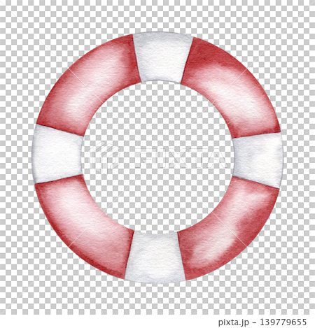 Watercolor red and white lifebuoy illustration isolated on white background. Hand drawn  nautical safety equipment element for maritime design, cruise travel concept, sea-themed card and icon. 139779655