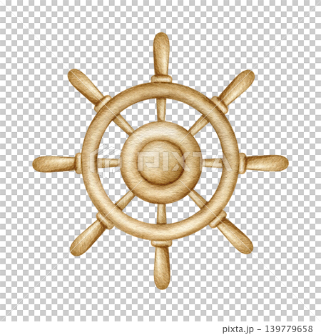 Wooden ship helm watercolor isolated illustration on white background. Hand drawn nautical wheel element clipart for marine design, travel logo, sea-themed card, yacht club branding. Wooden ship helm watercolor isolated illustration on white background. Hand drawn nautical wheel element clipart for marine design, travel logo, sea-themed card, yacht club branding. 139779658