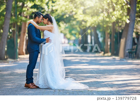 Outdoor, forehead or couple with love for wedding, partner support or romantic moment for connection. Care, commitment or people with marriage celebration in park, space or trust for special day Outdoor, forehead or couple with love for wedding, partner support or romantic moment for connection. Care, commitment or people with marriage celebration in park, space or trust for special day 139779728