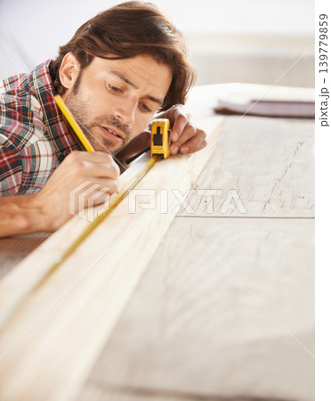 Man, carpenter and wood with thinking, building and working for renovation, remodeling and repair. Craftsman, diy and woodwork for home improvement, design and ideas with artisan, craft and skill 139779859