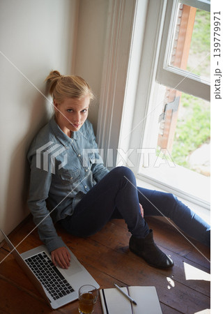 Woman, laptop and education, elearning and online course for university, study or research for project with top view. Portrait, virtual and college student learning at home for academic development Woman, laptop and education, elearning and online course for university, study or research for project with top view. Portrait, virtual and college student learning at home for academic development 139779971