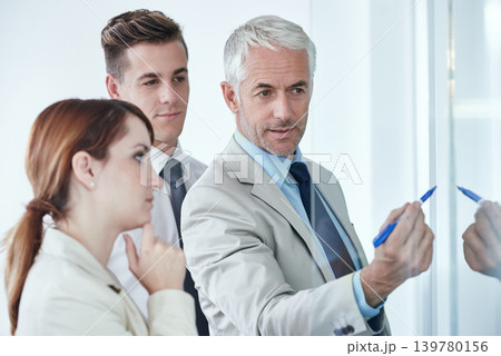 Glass wall, writing and business people with teamwork, cooperation and brainstorming with financial growth. Thinking, group and manager with employees or teaching with collaboration and partnership 139780156