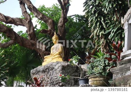Golden Buddha Statue Amidst Lush Greenery Golden Buddha Statue Amidst Lush Greenery 139780181