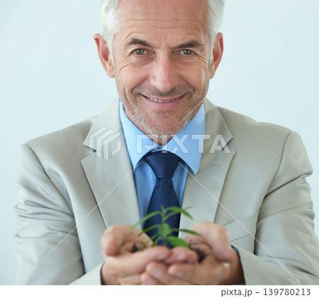 Plants, business and man with accountant, portrait and growth with accountability and agriculture. Mature person, trader and employee with leaves or startup with sustainability and results with smile Plants, business and man with accountant, portrait and growth with accountability and agriculture. Mature person, trader and employee with leaves or startup with sustainability and results with smile 139780213