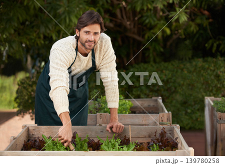 Man, smile and work in garden with plant box for growth, development and nurture of vegetables in Australia. Male person, happy and farming outdoors for hobby, food or production of agriculture Man, smile and work in garden with plant box for growth, development and nurture of vegetables in Australia. Male person, happy and farming outdoors for hobby, food or production of agriculture 139780258
