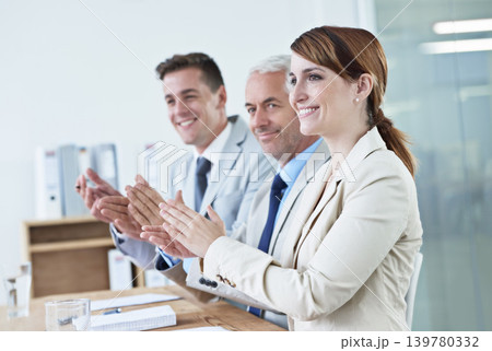 Business people, applause and support for success with pride and audience at presentation or seminar. Clapping hands, congratulations and team praise, workshop in conference room for winner or reward Business people, applause and support for success with pride and audience at presentation or seminar. Clapping hands, congratulations and team praise, workshop in conference room for winner or reward 139780332