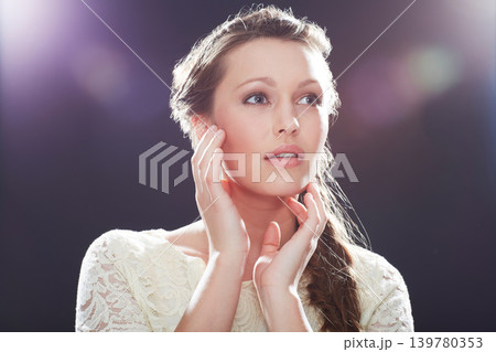 Woman, studio and mockup with fashion, thinking and vision for ideas, beauty and motivation. Designer, model and face for empowerment, confidence and lace with attitude, style and planning with look 139780353