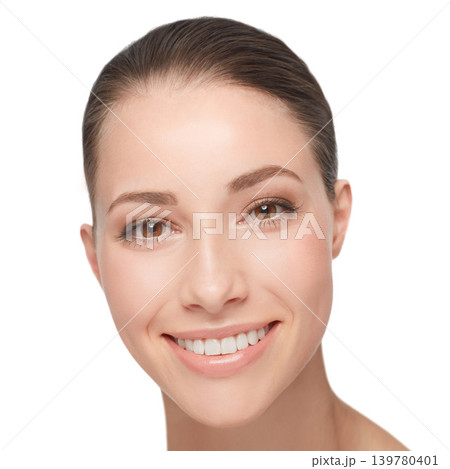 Happy, portrait and woman with beauty from skincare, dermatology or headshot in white background. Studio, model and girl with perfect teeth and skin from healthy treatment, makeup or cosmetics 139780401