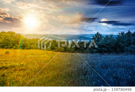 mountainous rural landscape in summertime. day meet night wallpaper. sun and moon over highland woods and meadow. view of countryside scenery with forested hills and pasture for harmony background 139780498