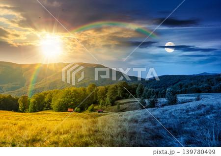 mountainous rural landscape in summertime. day meet night wallpaper. sun and moon over highland woods and meadow. view of countryside scenery with forested hills and pasture for harmony background mountainous rural landscape in summertime. day meet night wallpaper. sun and moon over highland woods and meadow. view of countryside scenery with forested hills and pasture for harmony background 139780499
