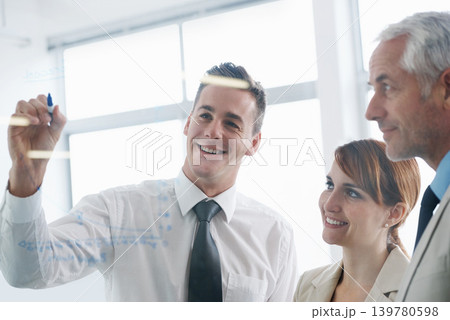 Business people, glass wall and writing with planning, brainstorming and coaching with teamwork. Cooperation, manager or employees with conversation or collaboration with a project, corporate or idea 139780598