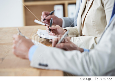 Hands, writing and learning with business people in boardroom of office or seminar or upskill development. Meeting, training and growth with employee group in audience or crowd for workshop closeup Hands, writing and learning with business people in boardroom of office or seminar or upskill development. Meeting, training and growth with employee group in audience or crowd for workshop closeup 139780722