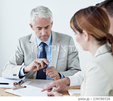 Legal, negotiation and people in meeting with contract, policy and lawyer with advice for business. Attorney, paperwork and discussion of lawsuit, deal and documents with checklist for compliance 139780726