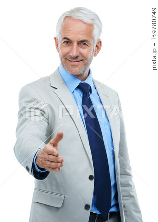Senior businessman, portrait and handshake offer for introduction, meeting and hiring on white background. Male person, hr manager and hello in interview, recruitment and onboarding or pov in studio Senior businessman, portrait and handshake offer for introduction, meeting and hiring on white background. Male person, hr manager and hello in interview, recruitment and onboarding or pov in studio 139780749