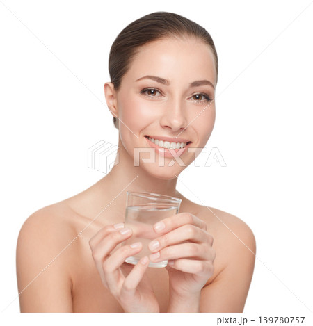 Woman, portrait and skincare for beauty, water for health and wellness, dermatology and self care on white background. Face, hydration and h2o in glass for skin and natural cosmetics in studio Woman, portrait and skincare for beauty, water for health and wellness, dermatology and self care on white background. Face, hydration and h2o in glass for skin and natural cosmetics in studio 139780757