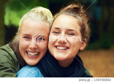 Portrait, music festival and women with hug and smile with happiness and bonding together. Face, people or outdoor with friends or cheerful with weekend break or excited with embrace and laughing 139780802