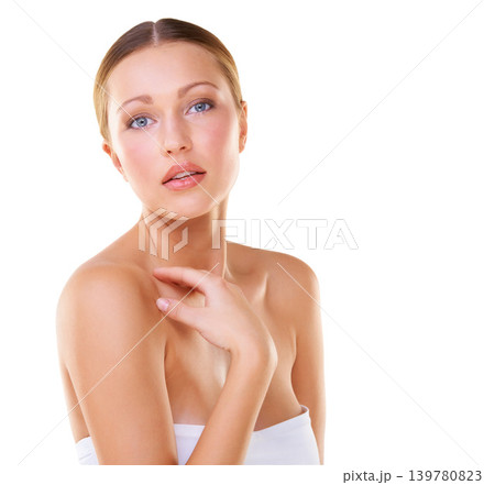 White background, skincare and portrait of woman for beauty, wellness and facial treatment. Salon aesthetic, spa and isolated person with hands for natural glow, healthy skin and cosmetics in studio 139780823
