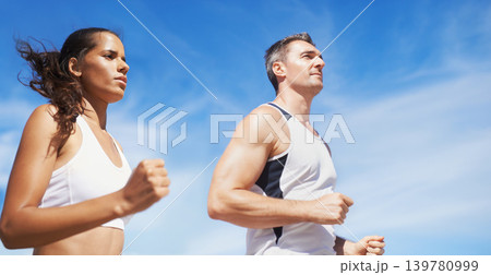 Running, beach and couple with fitness, summer and weekend break with cardio and training for wellness. Runners, seaside and man with woman and support with practice and activity for health and hobby 139780999
