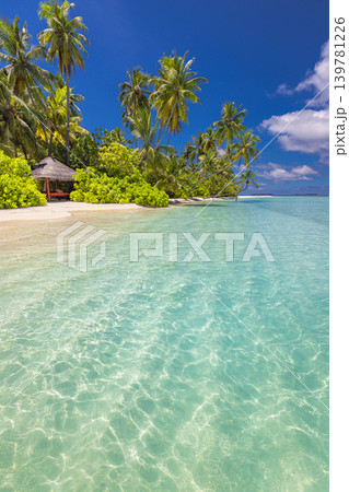 Tropical beach panoramic wide landscape stunning breathtaking dreamy serene paradise exotic coastal island travel destination summer vacation idyllic scenic turquoise ocean palm trees white sand Tropical beach panoramic wide landscape stunning breathtaking dreamy serene paradise exotic coastal island travel destination summer vacation idyllic scenic turquoise ocean palm trees white sand 139781226