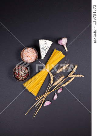 Italian pasta ingredients with blue cheese and spices 139781372