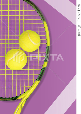 Tennis Racket With Two Yellow Balls On Bold Purple Court Background 139781670