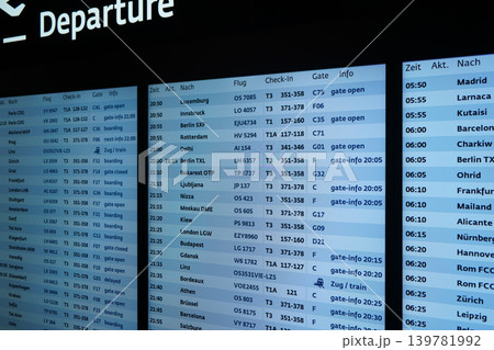 Departure boards with destinations list displayed at Vienna airport, columns in German reads Time, actual depart. time, destination, flight Departure boards with destinations list displayed at Vienna airport, columns in German reads Time, actual depart. time, destination, flight 139781992