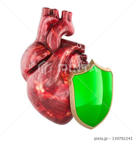 Human heart with green shield. Cardiology and cardiovascular health concept, 3d rendering Human heart with green shield. Cardiology and cardiovascular health concept, 3d rendering 139782241
