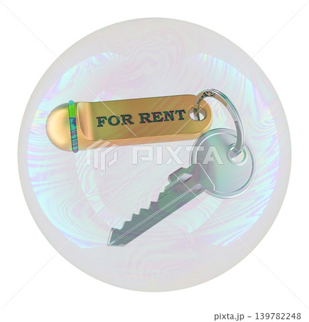 Rental housing bubble, concept. For rent key in transparent bubble. 3d rendering Rental housing bubble, concept. For rent key in transparent bubble. 3d rendering 139782248