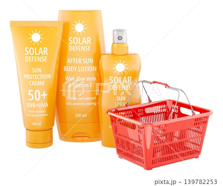 Sun care products with shopping basket. 3D rendering Sun care products with shopping basket. 3D rendering 139782253