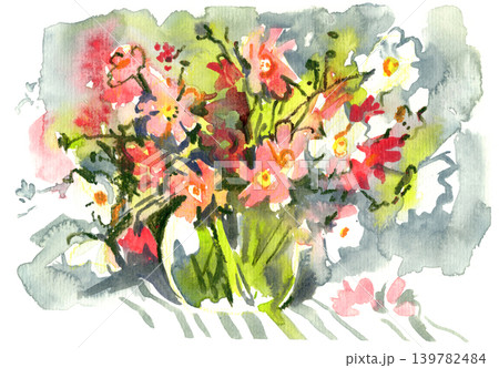 Loose watercolor bouquet of bright garden flowers in a glass vase Loose watercolor bouquet of bright garden flowers in a glass vase 139782484