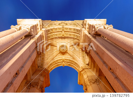 Low angle view of Rua Augusta Arch at Commerce Square in Lisbon Portugal 139782795